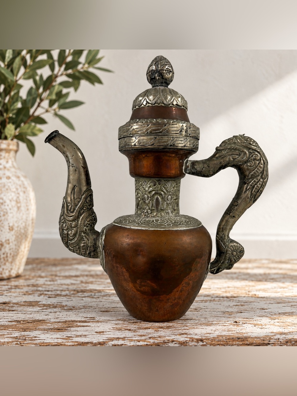 Vintage Tibetan Himalayan Copper Ewer Teapot Ornate Dragon 12” Mixed Metal